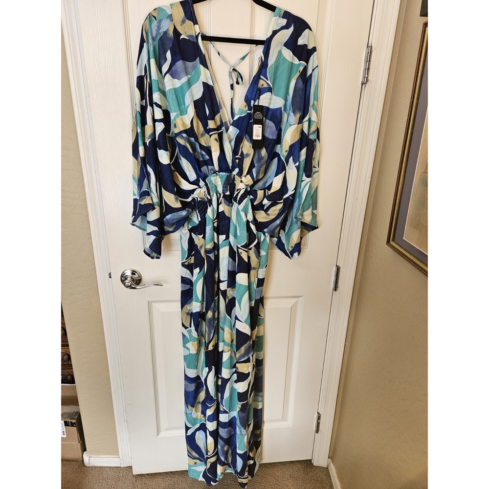 NWT Fashion Nova V-Neck Kimono Sleeves Smocked Waist Chiffon Maxi Dress, Plus 3X - Picture 4 of 12